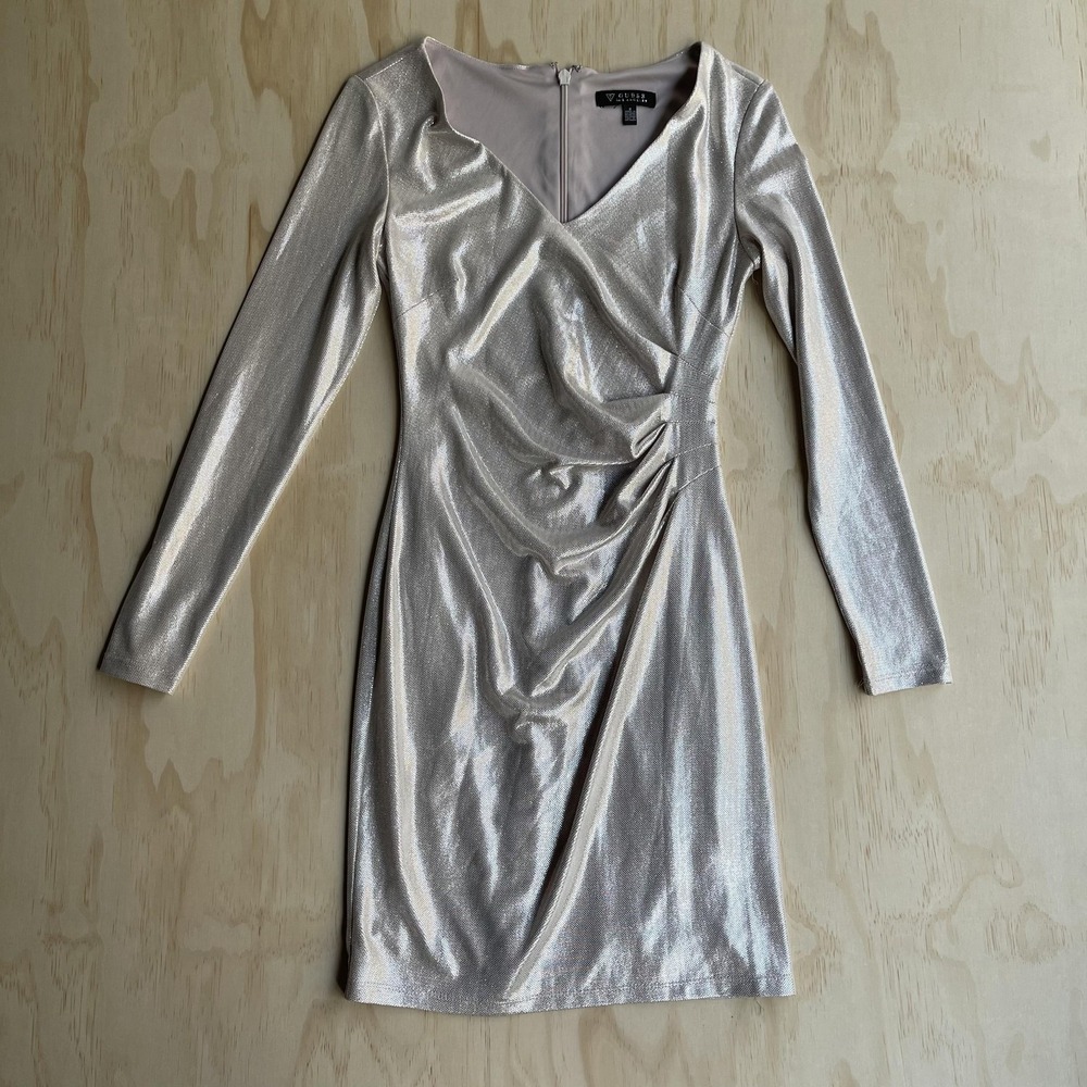 Guess Dress Womens 2 Silver Metallic‎ V Neck Long Sleeve Wrap Bodycon Mini Party